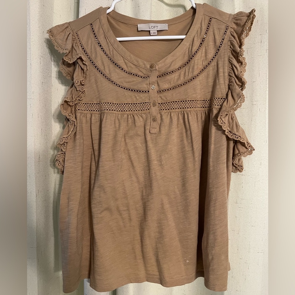 Loft - Tan Top with Ruffle Sleeves - XL